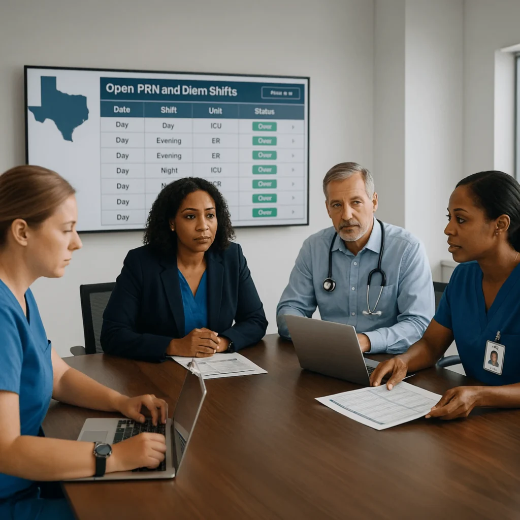 Per Diem Nurse Staffing Texas solution for healthcare facilities using Nurse FLEX Pool to access a local float pool through an on demand staffing platform and mobile app without hourly agency markups